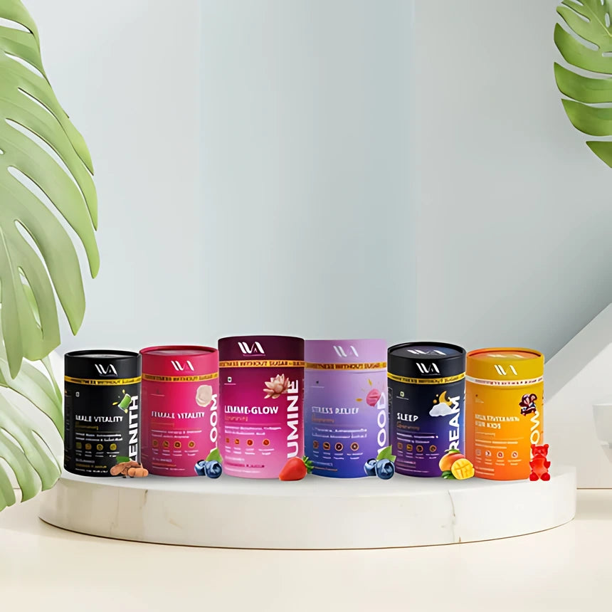 Wellnessia gummies on a marble plinth